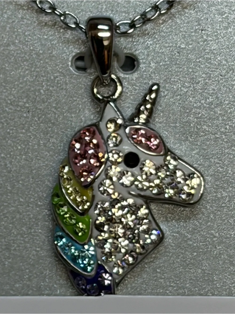 Rainbow Crystal Pendant Necklace - Silver with Multicolor Mane on 18” chain